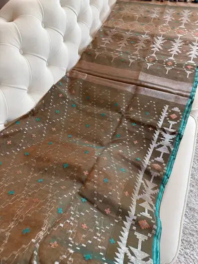 Premium Jamdani Saree (Teal/Forest Green)