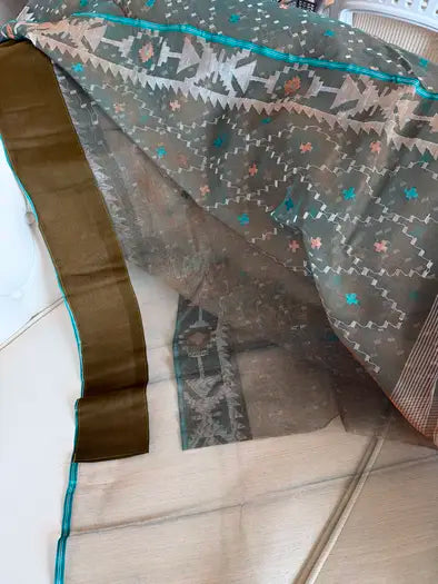 Premium Jamdani Saree (Teal/Forest Green)