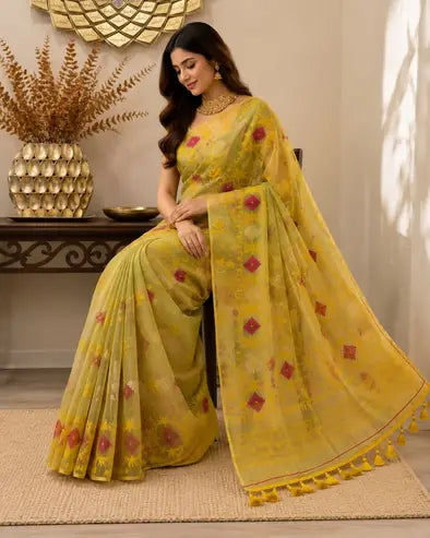 A woman models a yellow saree with red floral motifs and a matching yellow dupatta draped over her lap, set in an indoor styled room with a table and decorative vase in the background.