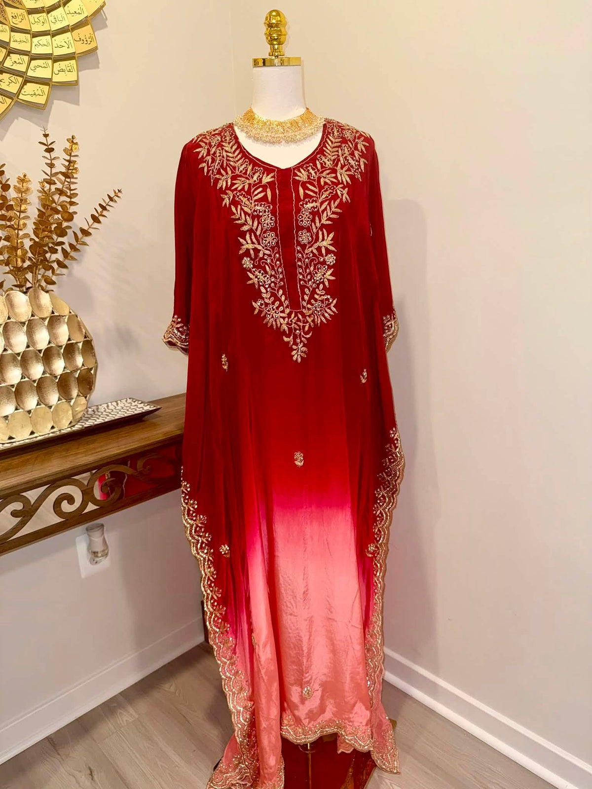 Premium Soft Satin Silk Kaftan (Red/Peach Ombré)