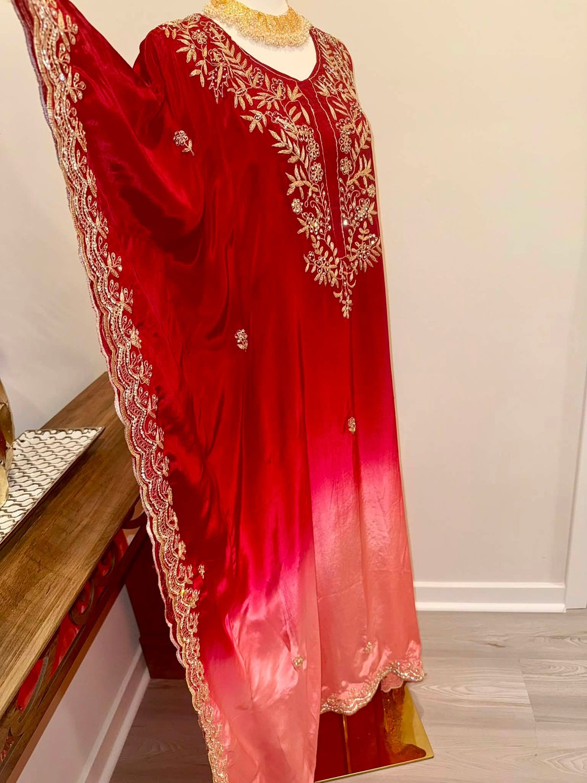 Premium Soft Satin Silk Kaftan (Red/Peach Ombré)