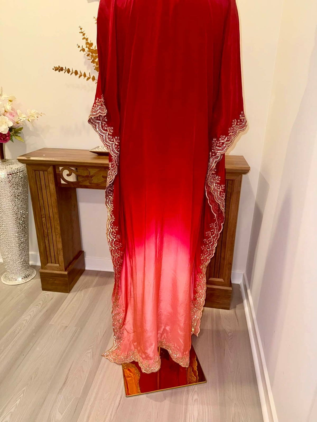 Premium Soft Satin Silk Kaftan (Red/Peach Ombré)