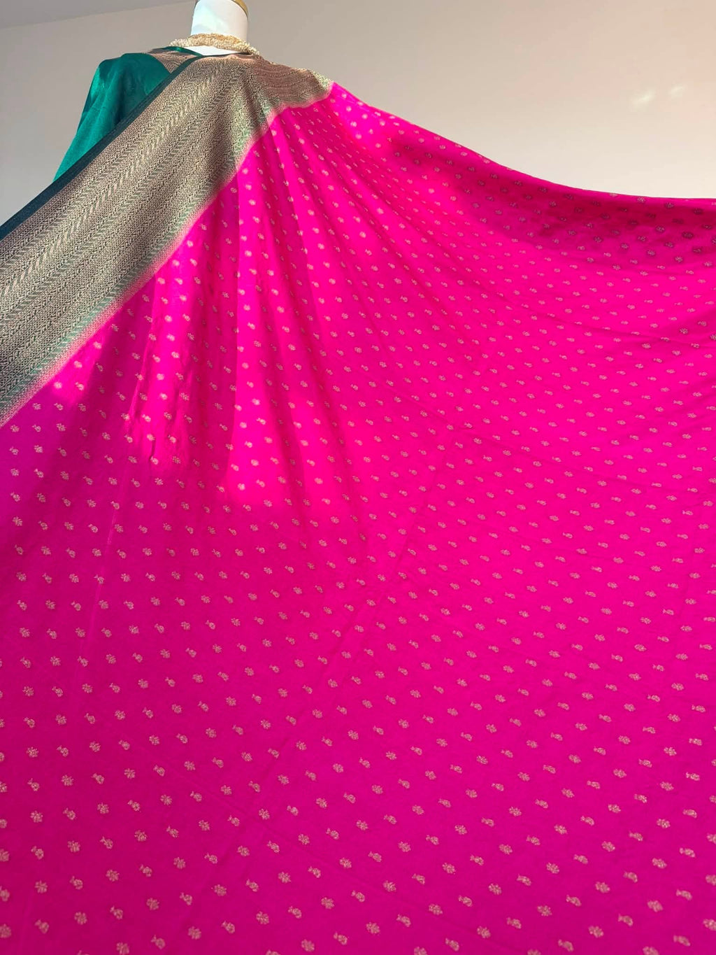 Pure Banarasi Silk Saree — Hot Pink with Gold Zari Butti & Teal Border