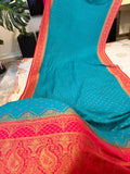 Premium Pure Banarasi Silk Saree (Turquoise & Pink)
