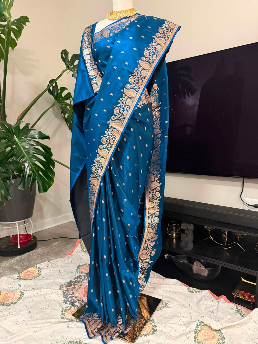 Pure Banarasi Silk Saree — Teal Peacock Blue with Gold Zari Paisley Pallu