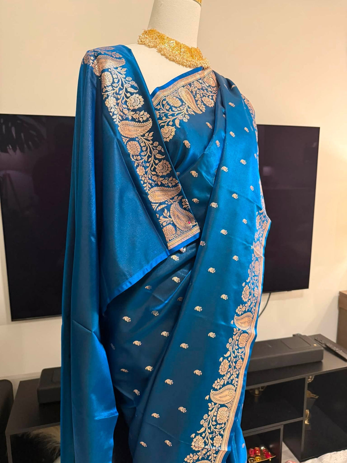 Pure Banarasi Silk Saree — Teal Peacock Blue with Gold Zari Paisley Pallu