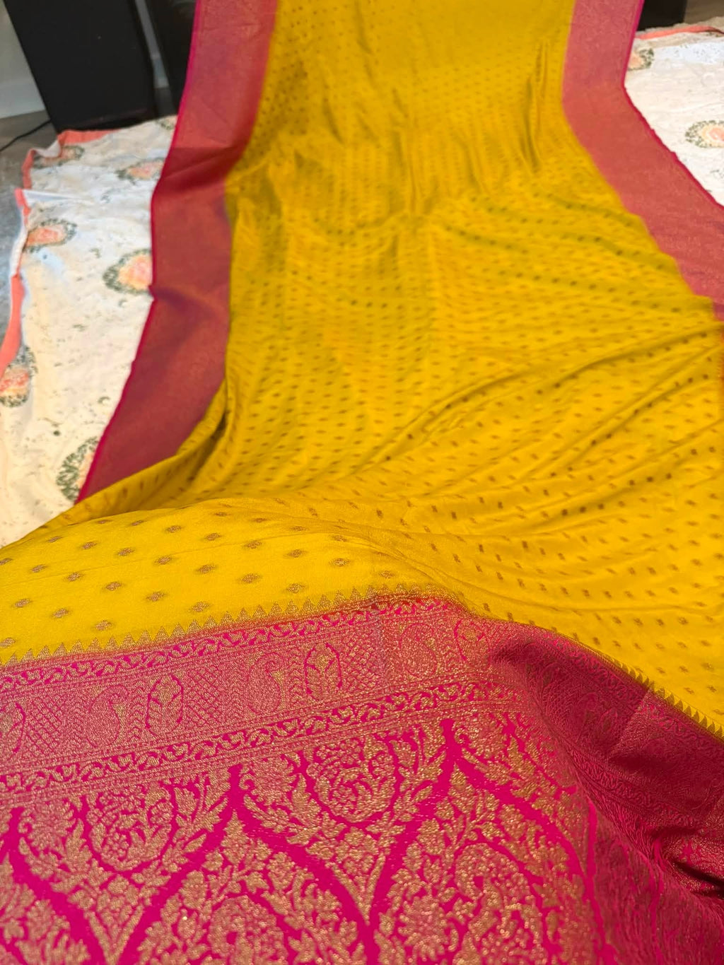 Premium Pure Banarasi Silk Saree (Yellow & Pink)