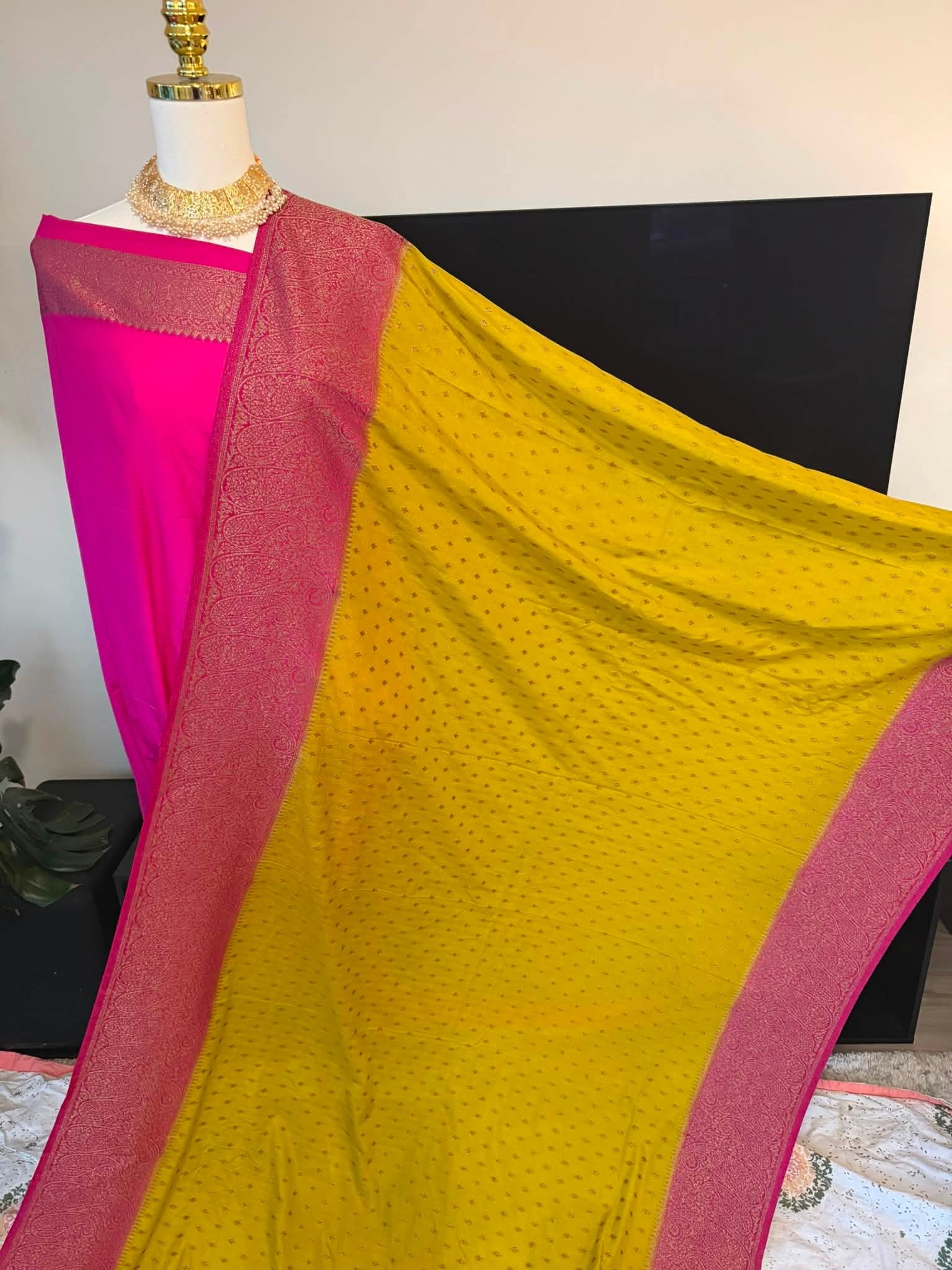 Premium Pure Banarasi Silk Saree (Yellow & Pink)