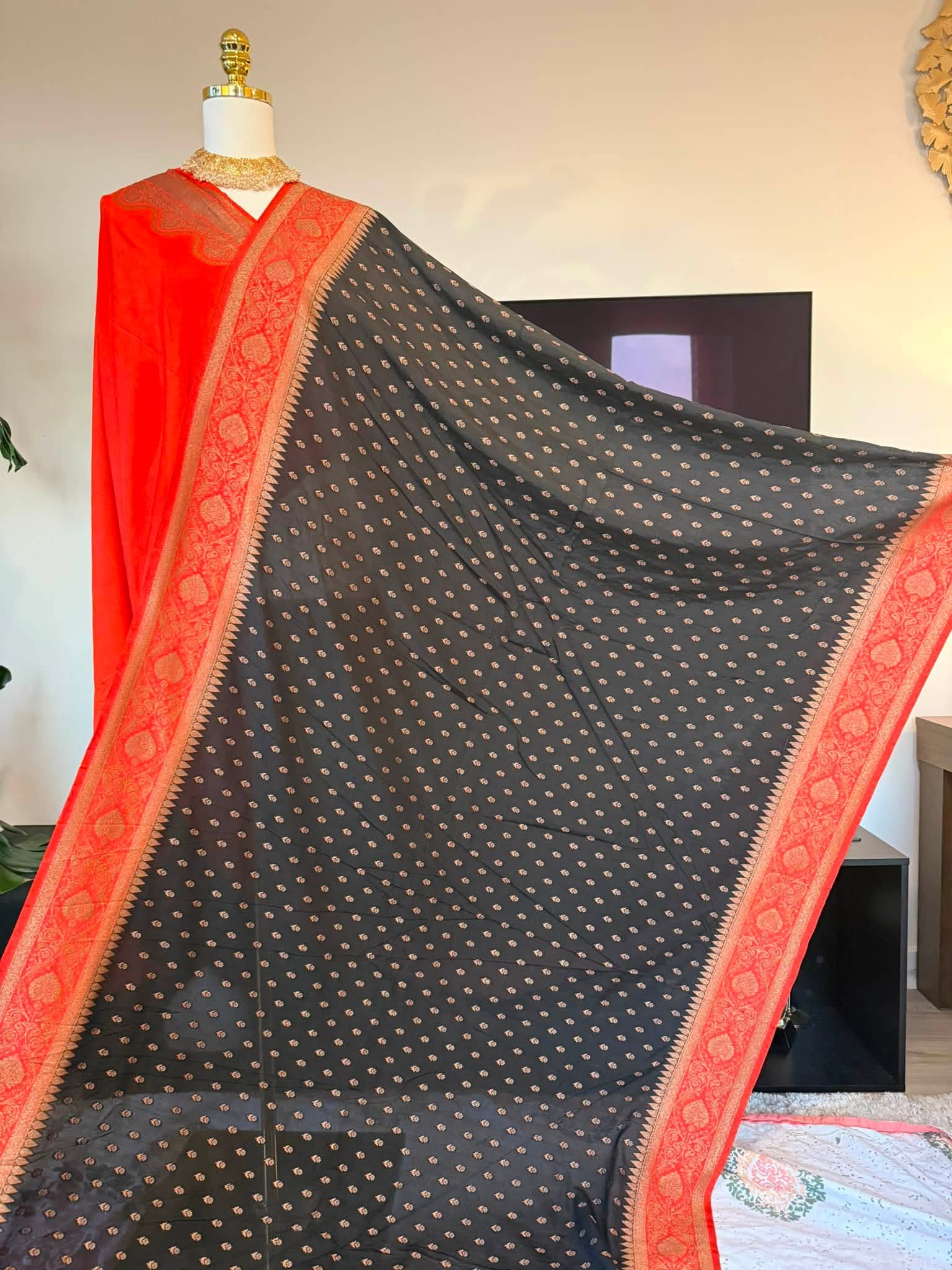 Premium Pure Banarasi Silk Saree (Black & Red)