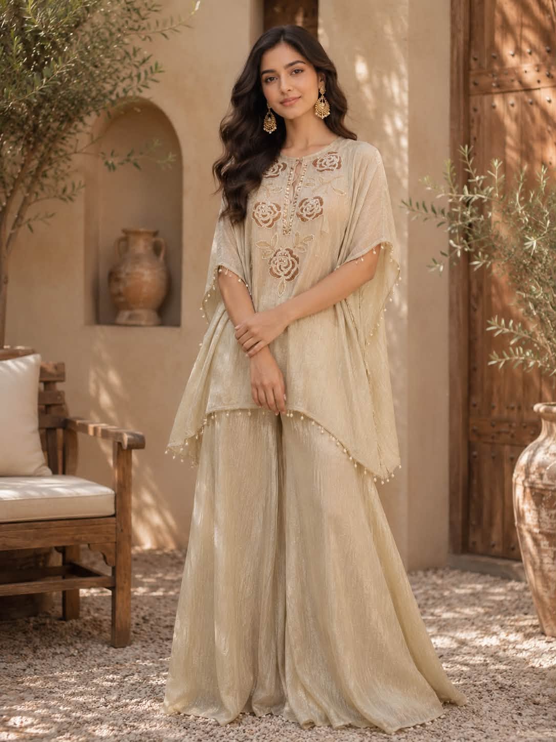 A woman stands outdoors wearing a flowing beige traditional outfit with embroidered floral details on the chest and draped sheer sleeves, paired with wide-leg pants. The setting includes a stucco wall, wooden door, plants, and a chair.