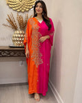 Premium Soft Satin Silk Kaftan (Orange/Magenta)