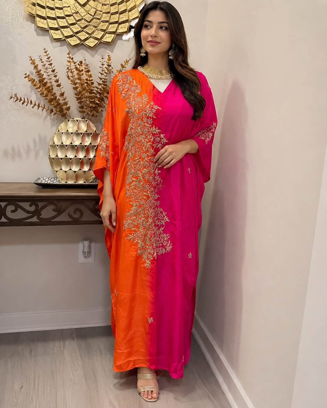 Premium Soft Satin Silk Kaftan (Orange/Magenta)