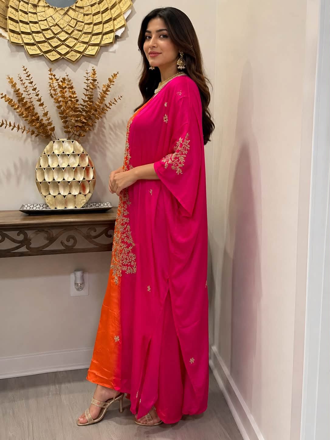 Premium Soft Satin Silk Kaftan (Orange/Magenta)