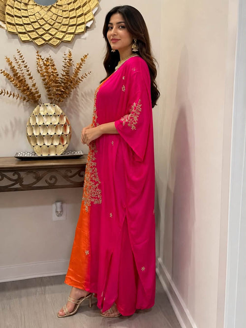 Premium Soft Satin Silk Kaftan (Orange/Magenta)