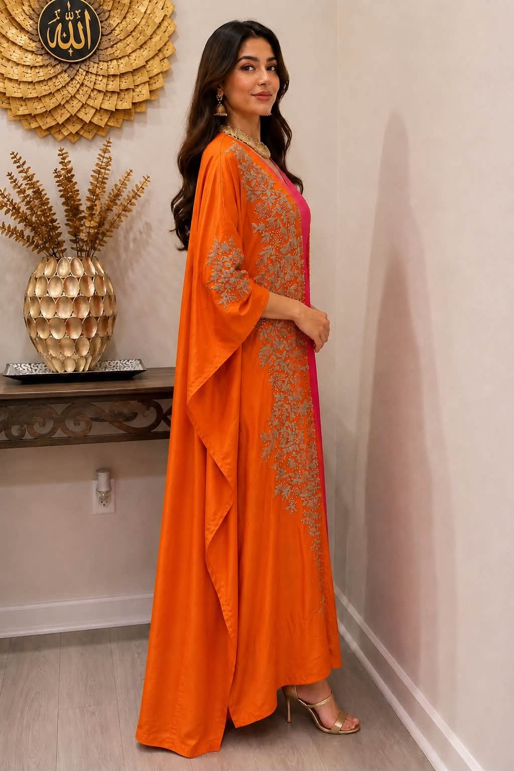 Premium Soft Satin Silk Kaftan (Orange/Magenta)