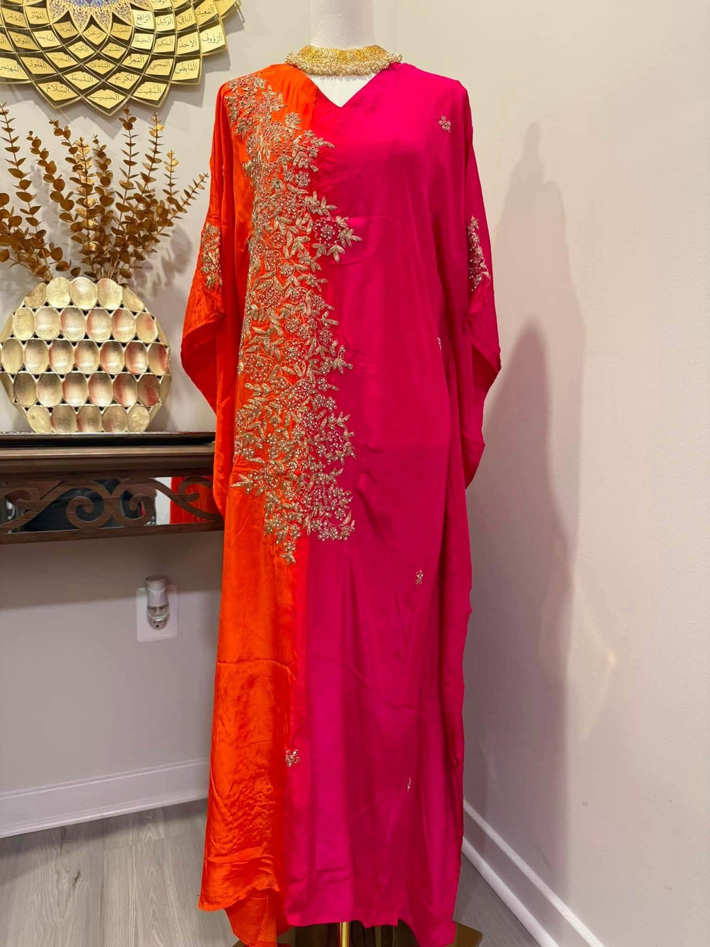 Premium Soft Satin Silk Kaftan (Orange/Magenta)