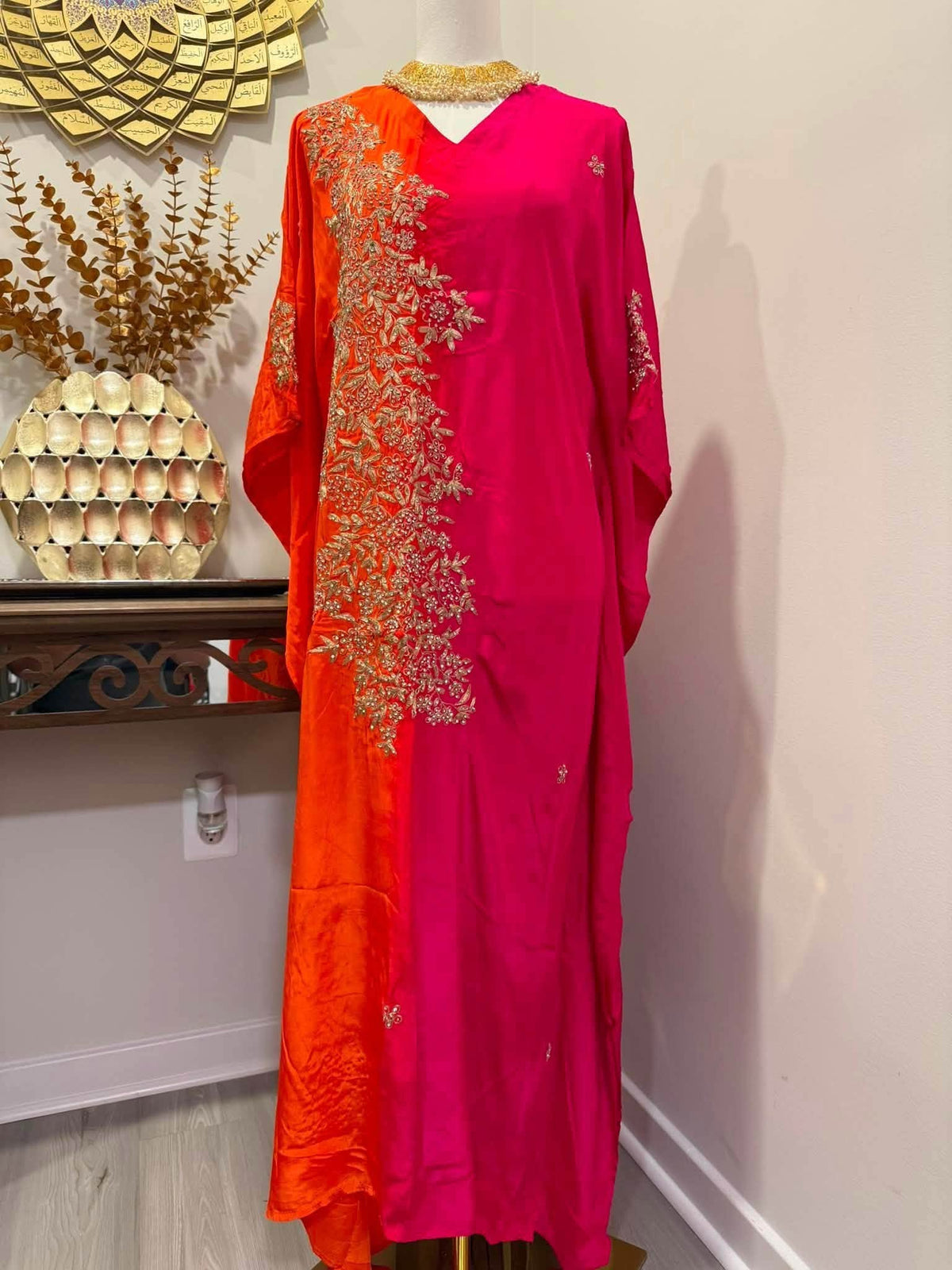 Premium Soft Satin Silk Kaftan (Orange/Magenta)