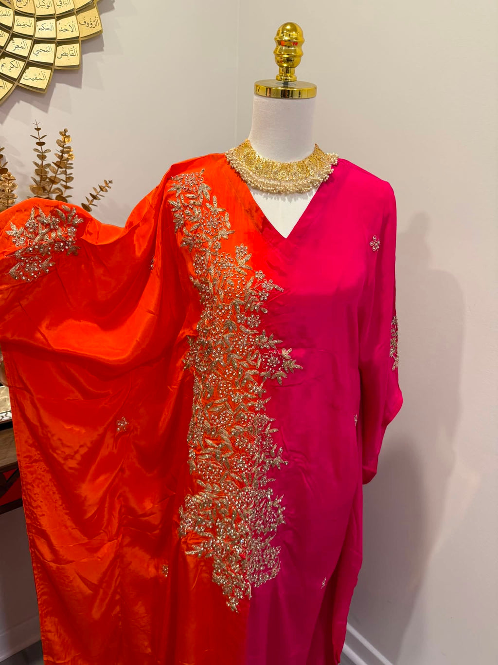 Premium Soft Satin Silk Kaftan (Orange/Magenta)