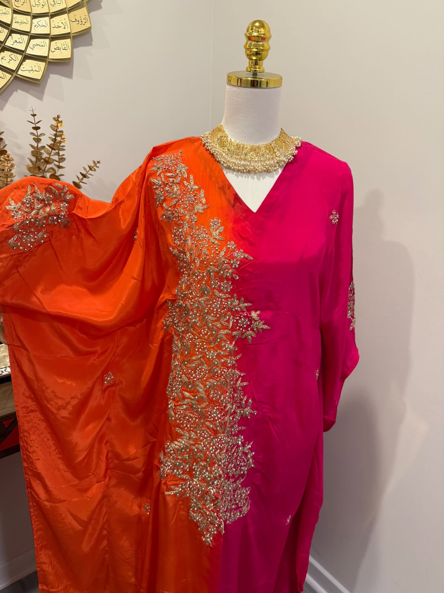 Premium Soft Satin Silk Kaftan (Orange/Magenta)