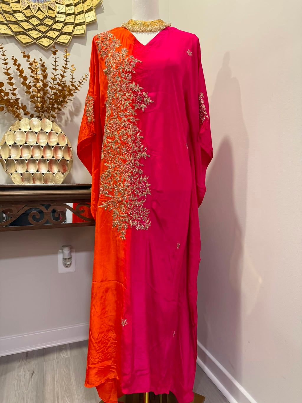Premium Soft Satin Silk Kaftan (Orange/Magenta)