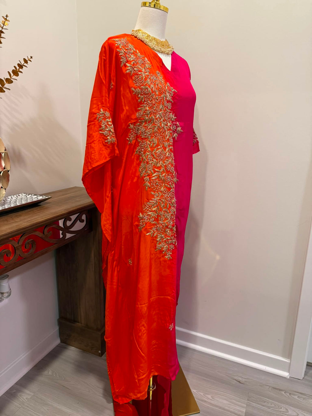 Premium Soft Satin Silk Kaftan (Orange/Magenta)