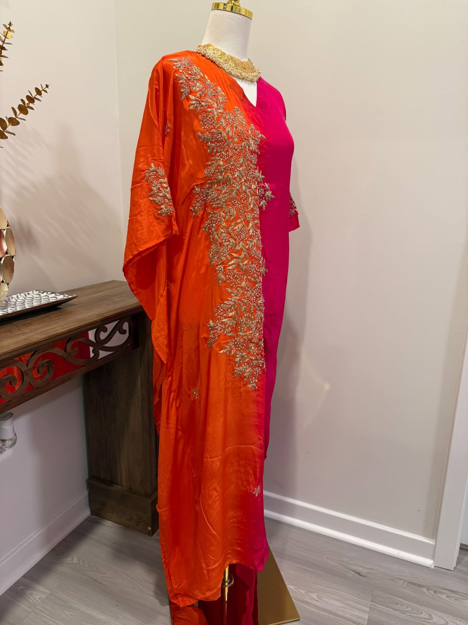 Premium Soft Satin Silk Kaftan (Orange/Magenta)