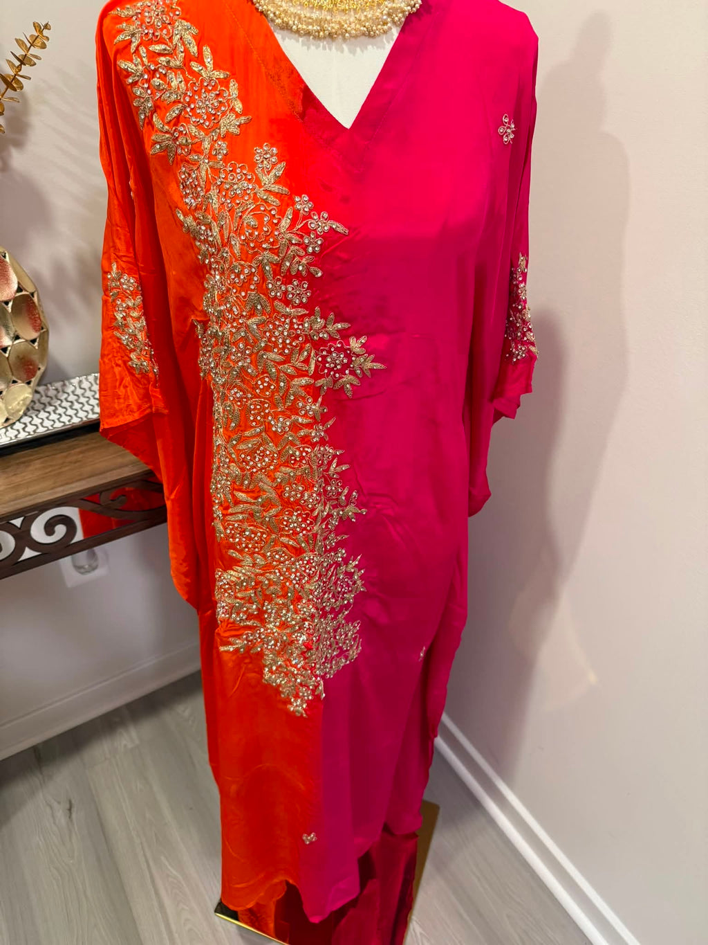 Premium Soft Satin Silk Kaftan (Orange/Magenta)