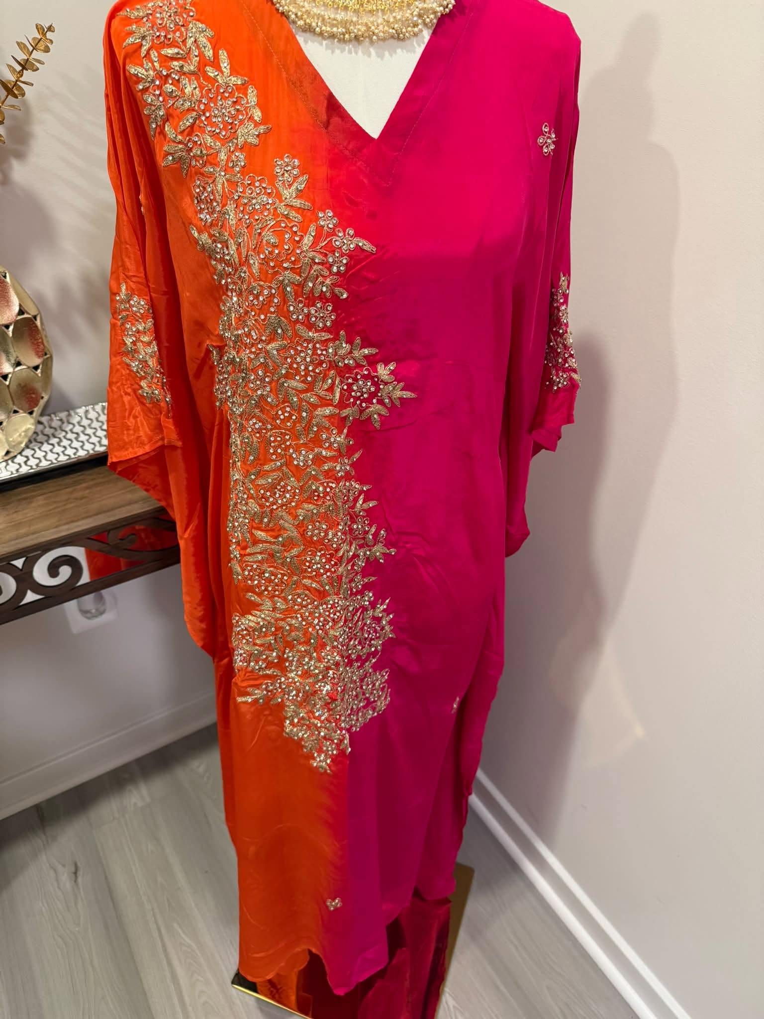 Premium Soft Satin Silk Kaftan (Orange/Magenta)