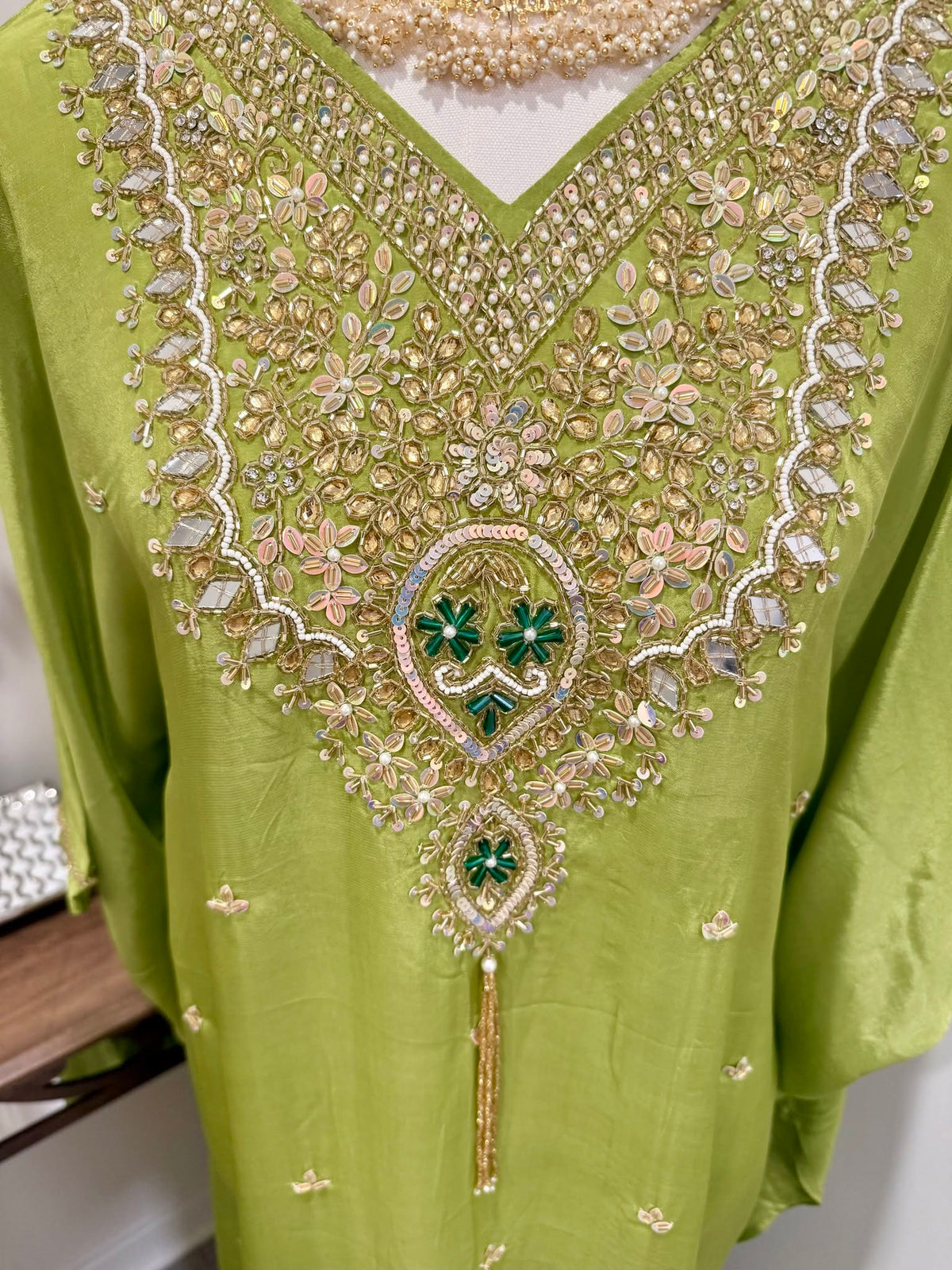 Premium Soft Satin Silk Kaftan (Parrot Green)