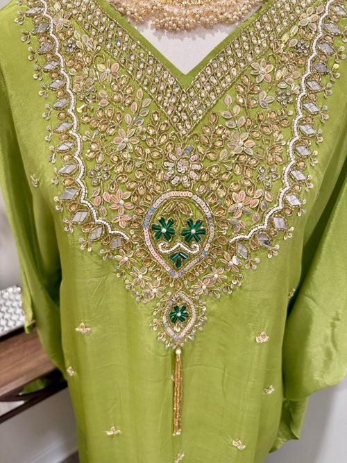 Premium Soft Satin Silk Kaftan (Parrot Green)