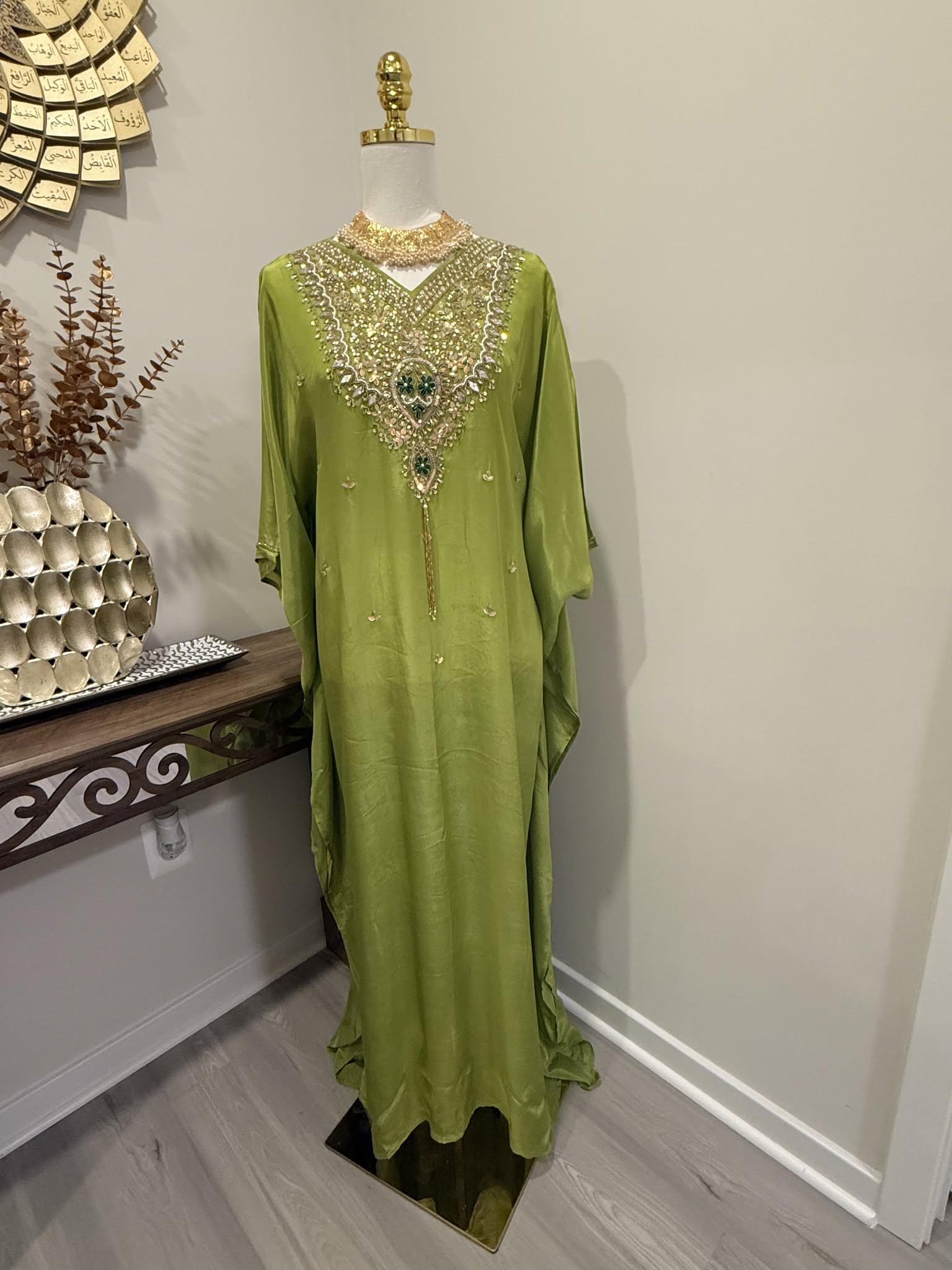 Premium Soft Satin Silk Kaftan (Parrot Green)