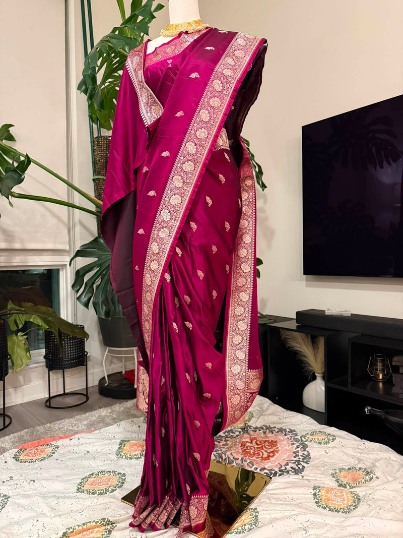 Premium Pure Masru Silk Banarasi Silk Sharee (Magenta)