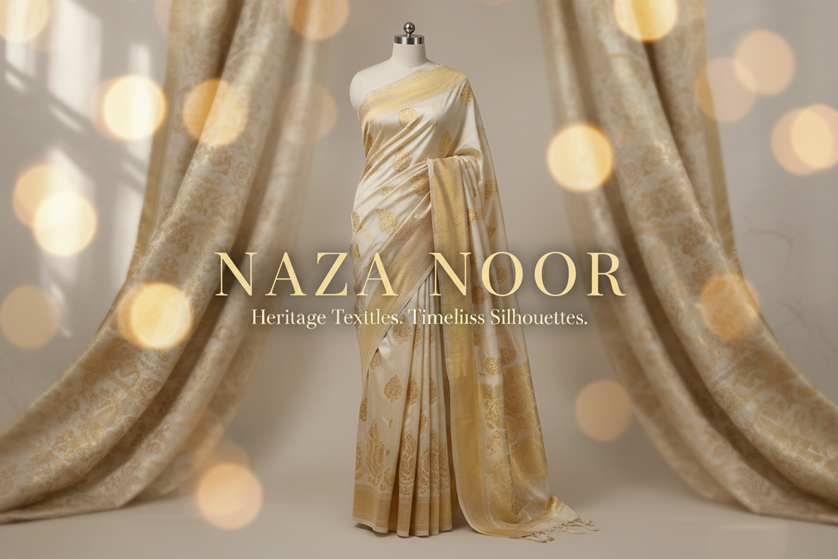 A draped gold saree with a subtle floral pattern displayed on a mannequin, set against a soft beige backdrop with decorative golden bokeh lights. The text 'NAZA NOOR' is prominently displayed in the center.