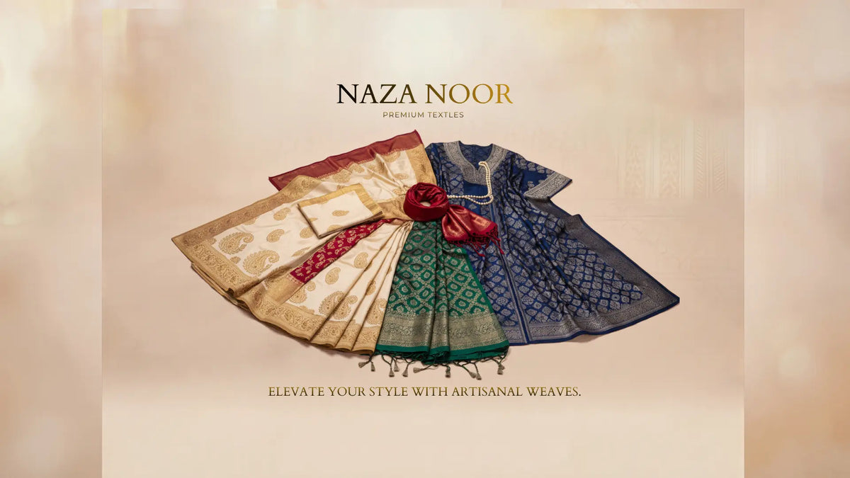 Four traditional embroidered garments in beige, red, green, and navy blue are arranged in a fan shape with a red bow, under the brand name 'NAZA NOOR' on a warm beige background.