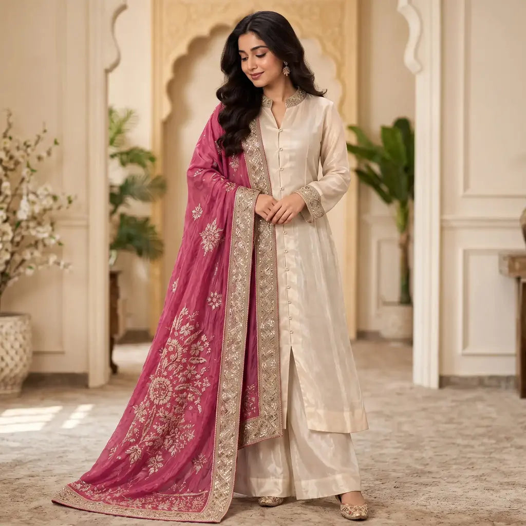 A woman modeling a traditional South Asian outfit featuring a light beige kurta and wide-leg trousers paired with a vibrant magenta dupatta decorated with intricate gold embroidery.