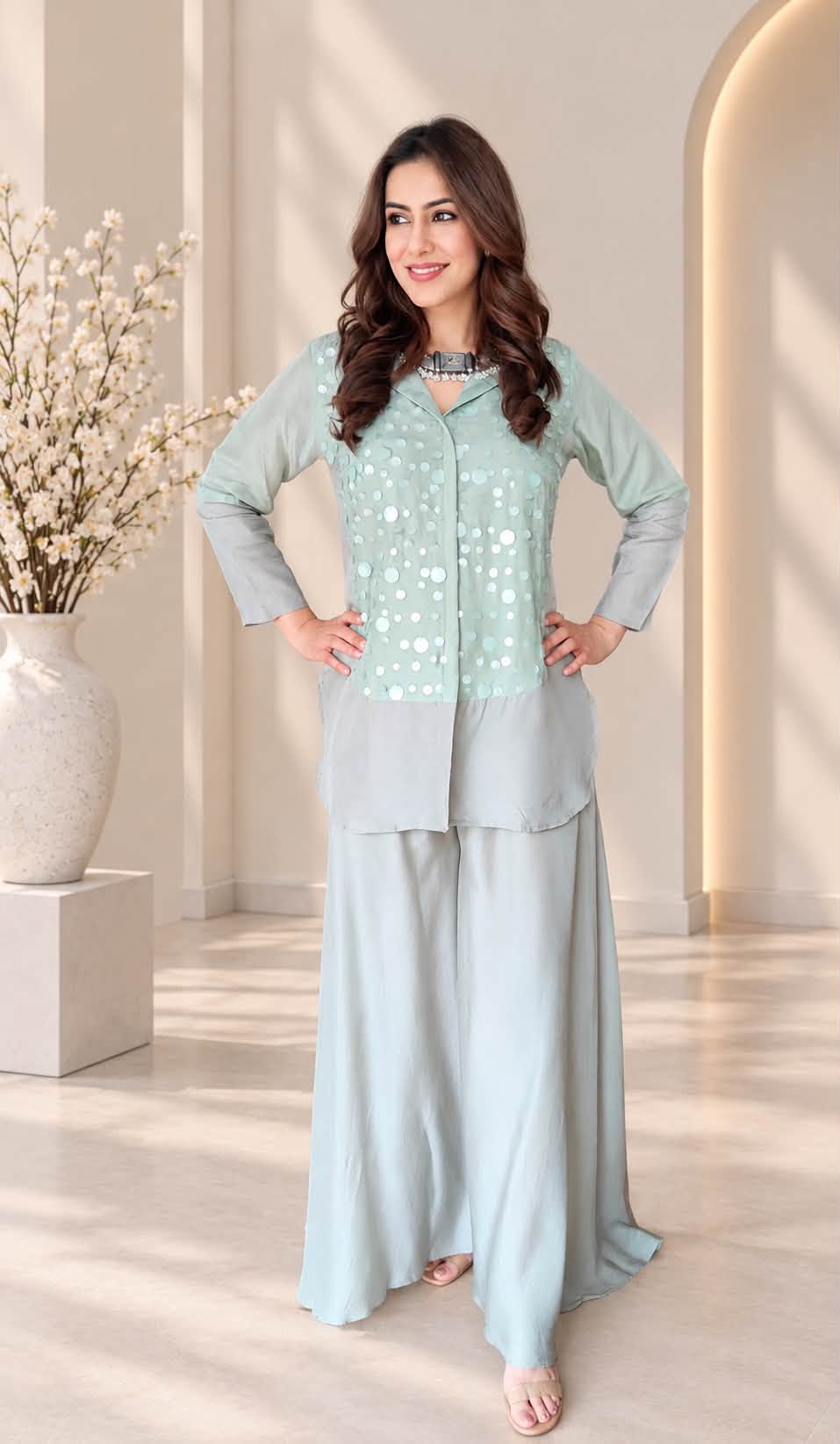 A woman modeling a light sage green two-piece traditional outfit with a long-sleeve kurta featuring white printed motifs and matching wide-leg pants, set against a warm beige arched wall background.